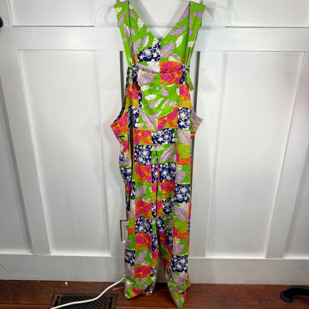 VTG Bamboo Trader Patchwork Tropical Silk Sequin Jumpsuit Boho Artsy Y2K XL